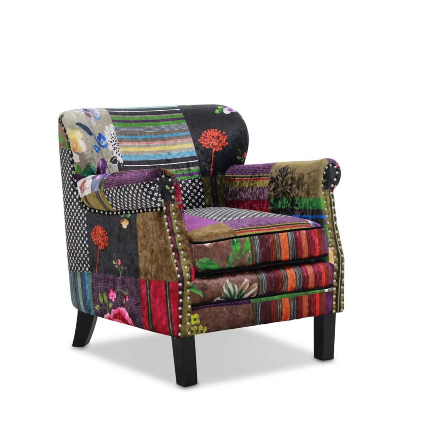 HAGA Leeds lænestol - multifarvet fløjl patchwork, m. armlæn