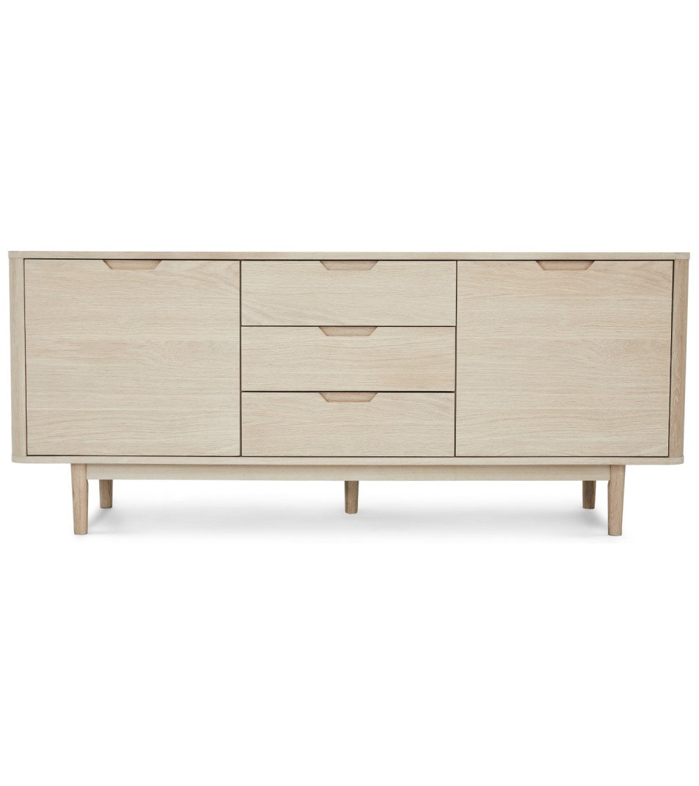 Nyborg skænk, m. 2 låger, 3 skuffer og 2 hylder - hvidolieret egetræsfinér, egetræ og træ (180x45)