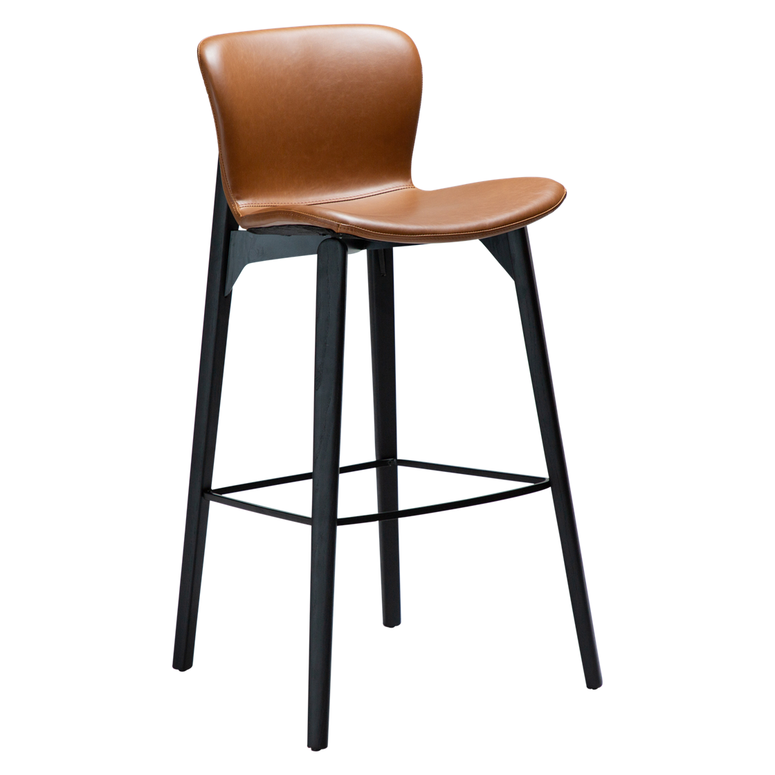 DAN-FORM Paragon barstol, m. ryglæn og fodstøtte - vintage lysebrun kunstlæder og sort asketræ