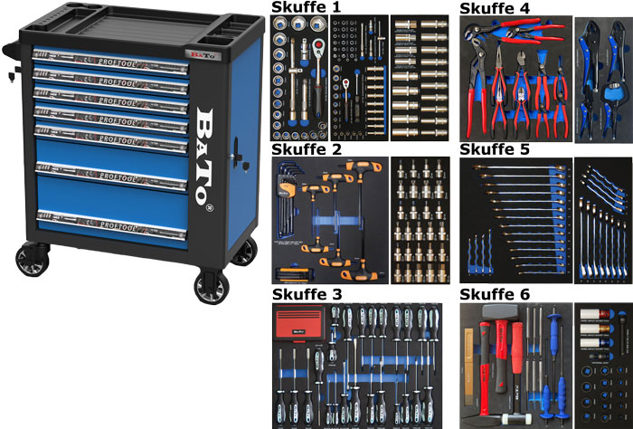 BATO Værktøjsvogn med 7 skuffer og endeskab. 340 dele værktøj i 6 skuffer. Model 9132-340 blå