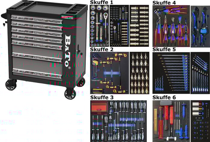 BATO Værktøjsvogn med 7 skuffer og endeskab. 340 dele værktøj i 6 skuffer. Model 9114-340 grå