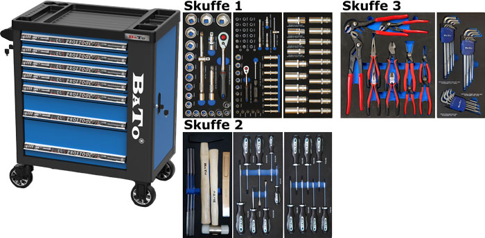BATO Værktøjsvogn med 7 skuffer og endeskab. 157 dele værktøj i 3 skuffer. Model 9132-157 blå