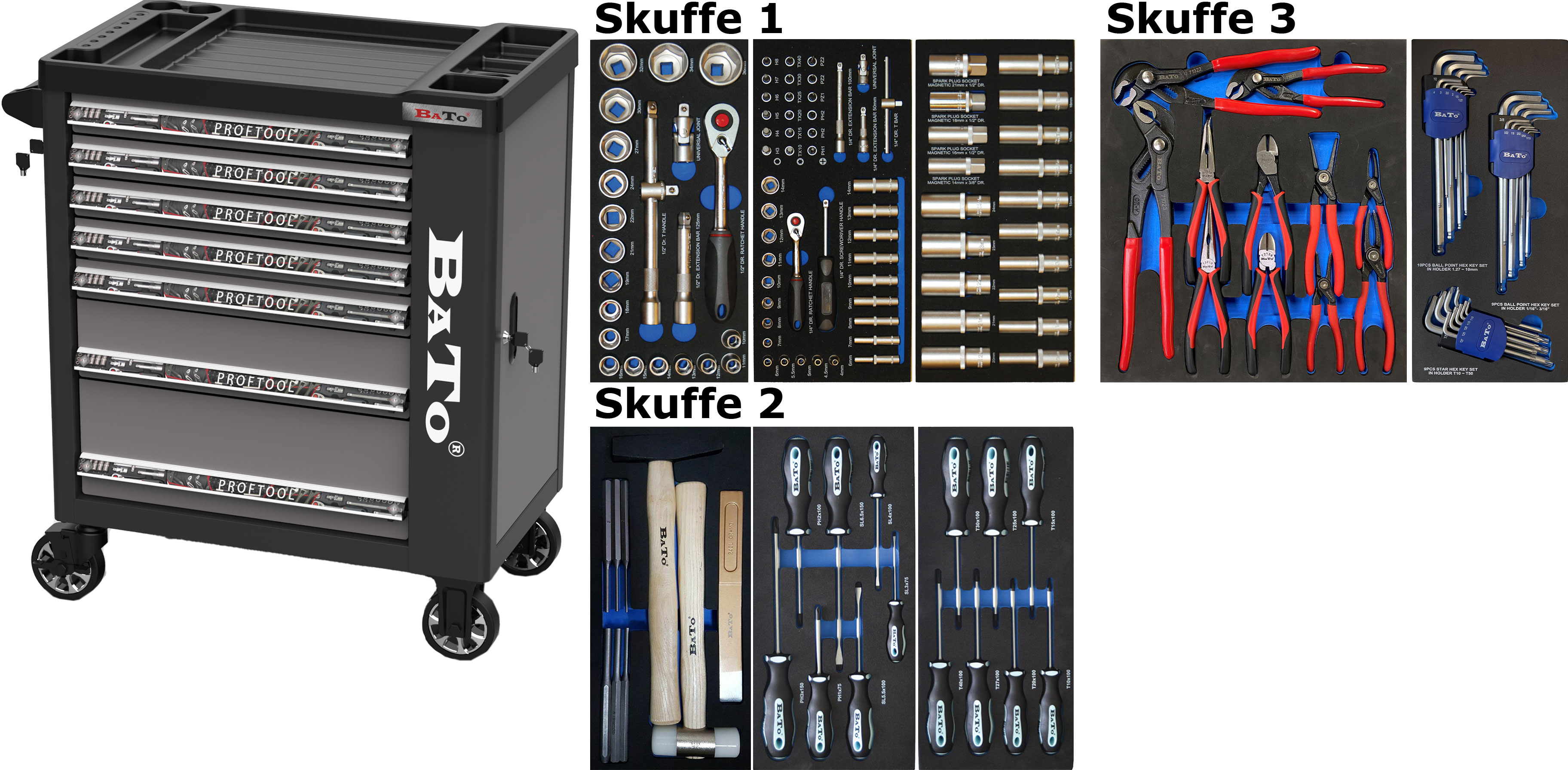 BATO Værktøjsvogn med 7 skuffer og endeskab. 157 dele værktøj i 3 skuffer. Model 9114-157 grå