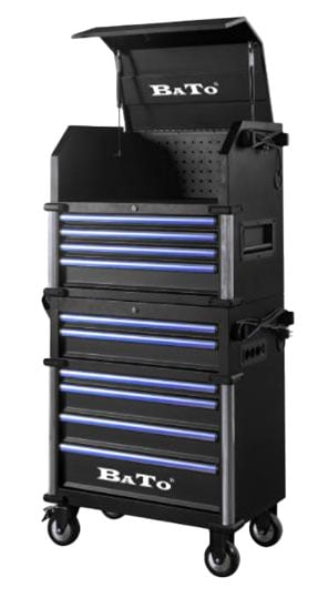 BATO Værktøjsvogn XXXL - høj med overskab og 10 skuffer. 2 stk. 220V el-stik. Sort/blå