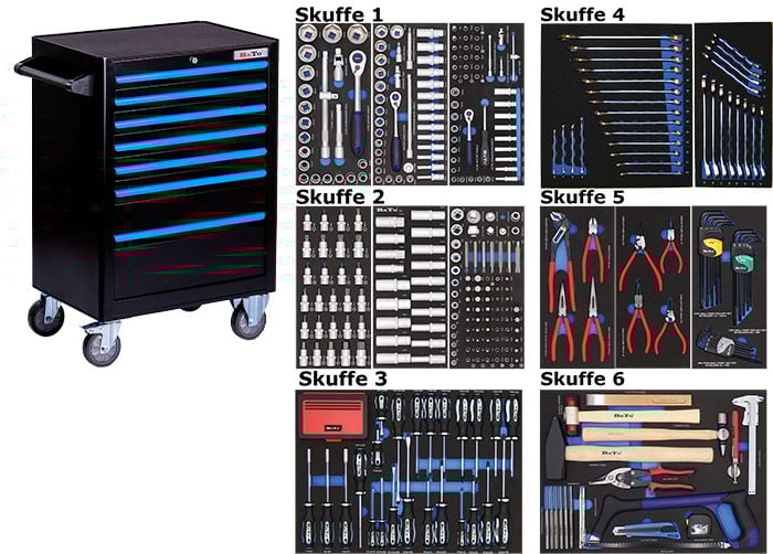 BATO Værktøjsvogn med 7 skuffer og 468 dele værktøj i 6 skuffer. Model 9106-468 Sort/blå